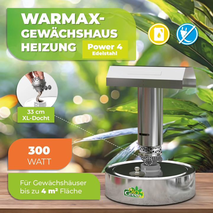 Bio Green Paraffin-Gewächshaus-Heizung WARMAX Power 5 aus Edelstahl | max. 300 Watt | für Gewächshäu