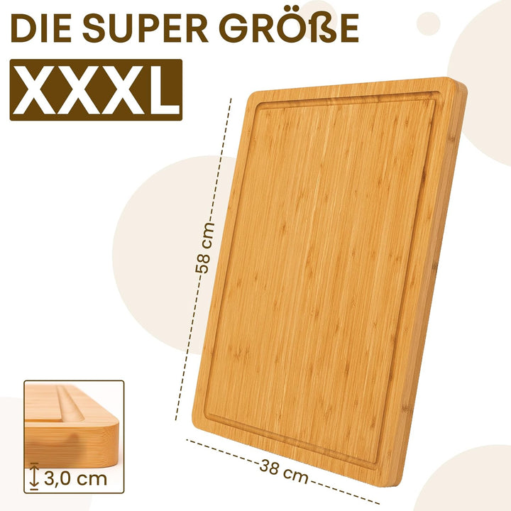 Bambus Schneidebrett aus 100% Bio-Bambus 58 x 38 x 3 cm grosses XL Brett – FSC® Zertifiziertes Antib