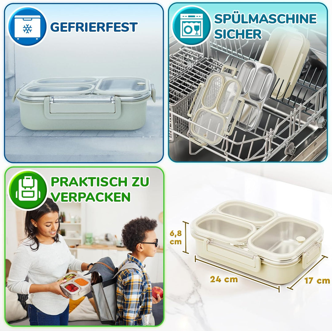 Everusely Edelstahl-Bento-Box/Brotdose – 750 ml – Auslaufsichere Lunchbox aus Metall mit 3 Fäche