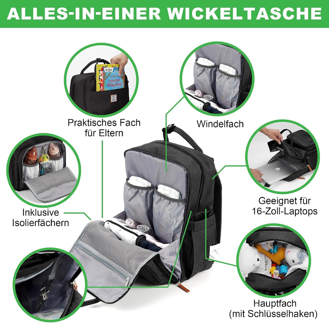 Brisby Wickelrucksack gross - Wickeltasche kinderwagen mit isoliertes Frontfach, Babytasche mit Wick