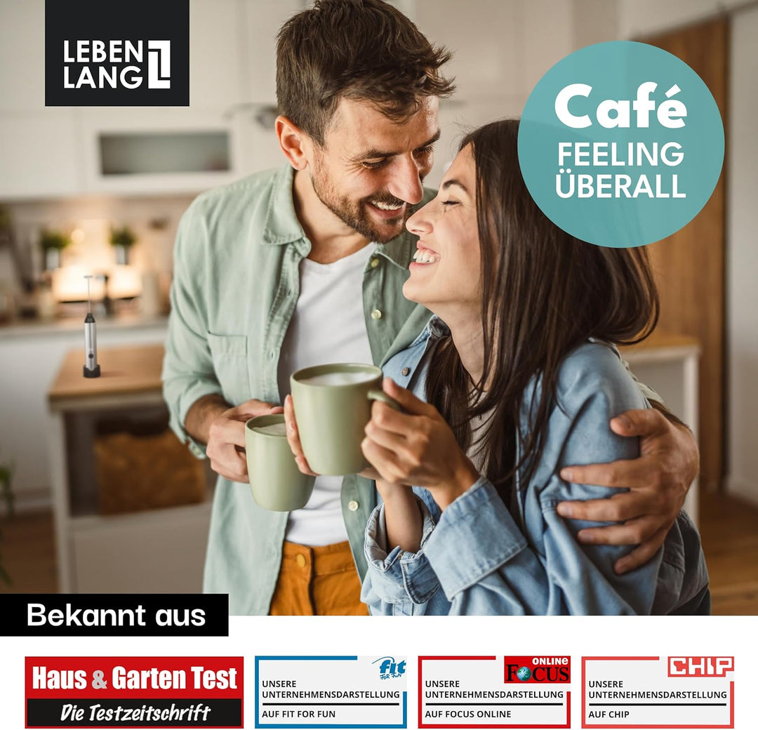 LEBENLANG Milchaufschäumer Stab elektrisch wiederaufladbar - USB Anschluss & Inkl. Extra Rührbesen I