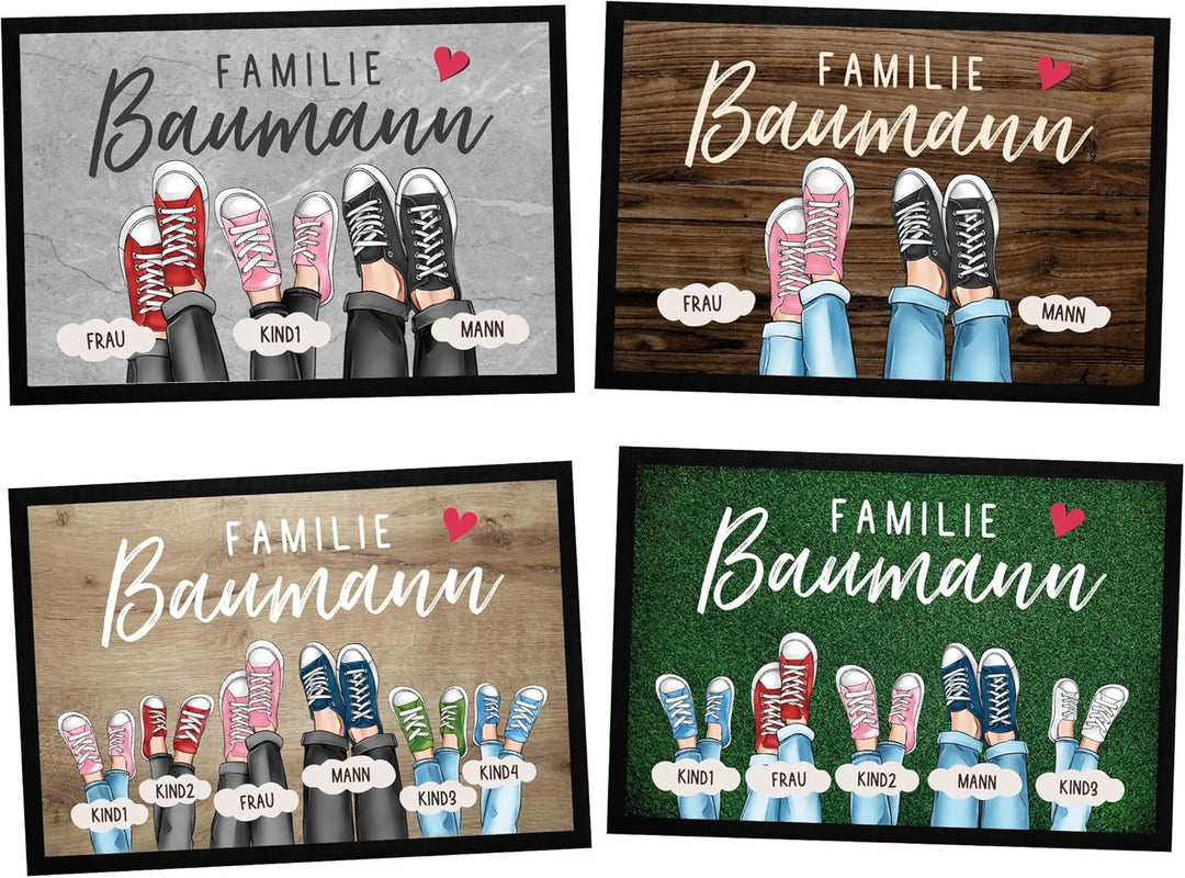 Fussmatte Personalisiert Familie bis zu 4 Kinder Aufdruck Turnschuhe Farben anpassbar rutschfest &amp; w