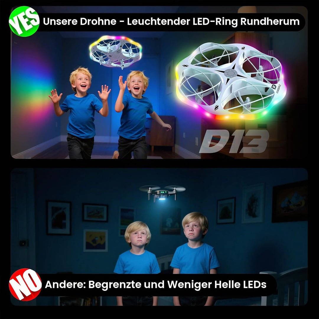 DEERC D13 Mini-Drohne für Kinder mit Hindernissvermeidung, 6 LED-Modi, kleines einfaches UFO-Spielze