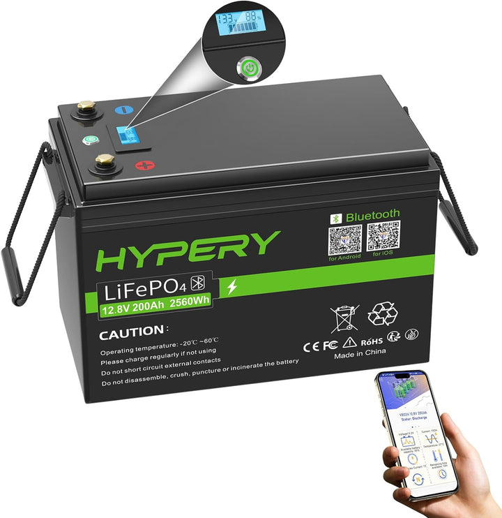 HYPERY LiFePO4 Akku, Smart 12V 200AH Lithium Batterie mit Bluetooth zur Überwachung der Batterie SOC