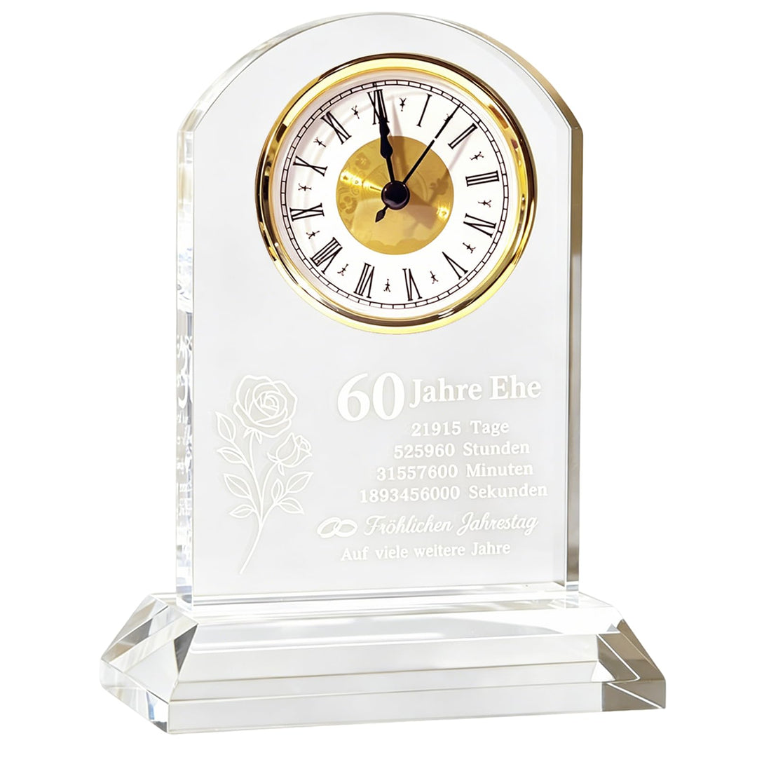 Geschenk Hochzeit Deko, 60. Jahrestag Quarzuhr mit Kristallsockel Diamantene Hochzeit Personalisiert