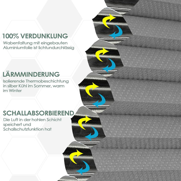 bobodeco Wabenplissee Plissee ohne Bohren Verdunkelung Klemmfix Thermo Verdunklungsplissee, Grau-Wei