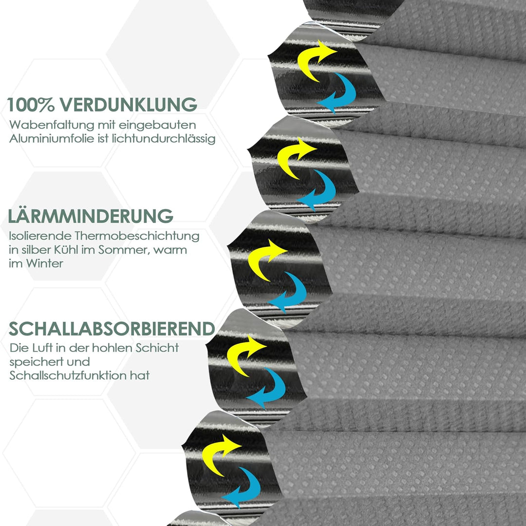 bobodeco Wabenplissee Plissee ohne Bohren Verdunkelung Klemmfix Thermo Verdunklungsplissee, Grau-Wei