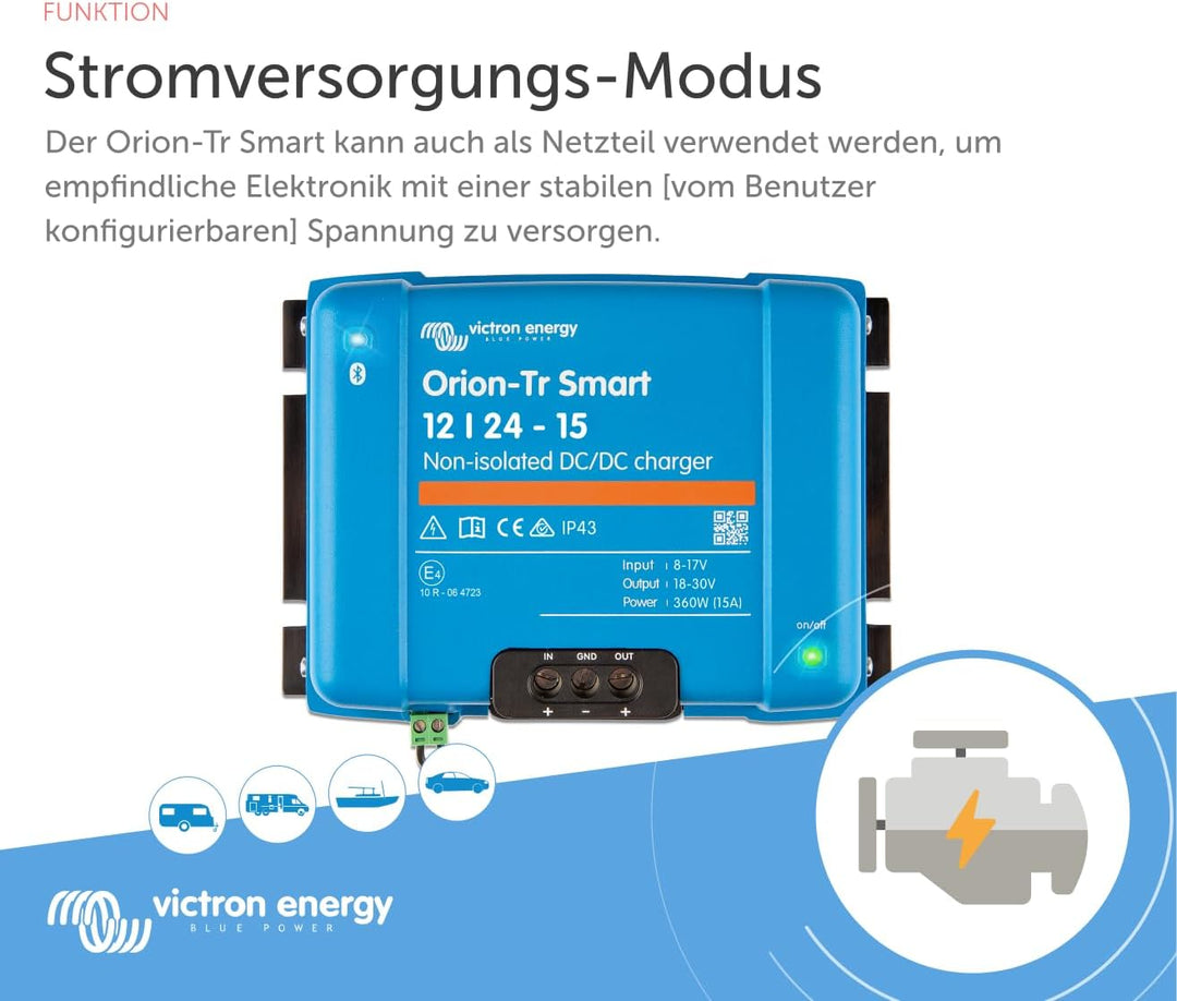 Victron Energy Orion-Tr Smart 12/24-Volt 15 Amp 360-Watt DC-DC Ladebooster, Nicht isoliert (Bluetoot