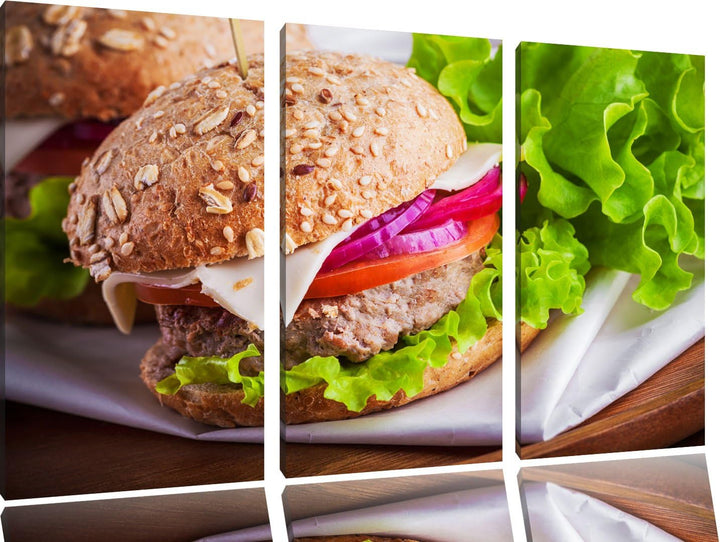 Pixxprint Köstlicher Hamburger als 3-Teiler Leinwandbild 120x80 Bild auf Leinwand