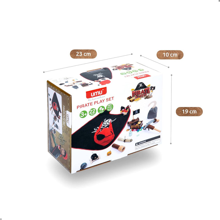 UMU® Kinder Holz Piraten Spielset mit Piratenkostüm inkl. Piratenumhang, Augenklappe, Papagei, Schat