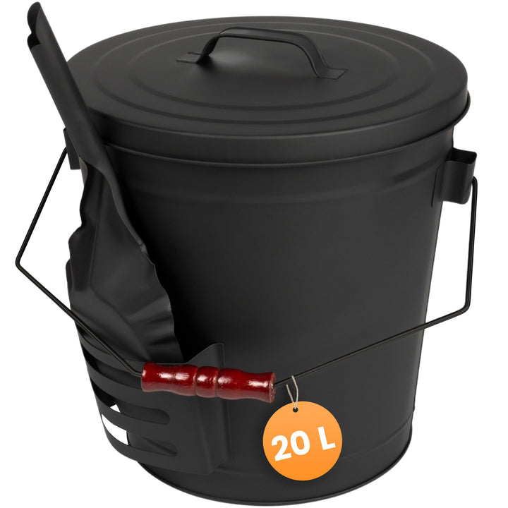 BLACK OAK Ascheeimer Stromboli 20L – schwarz mit Deckel & Schaufel - Bügel schwarz - gross 20 Liter