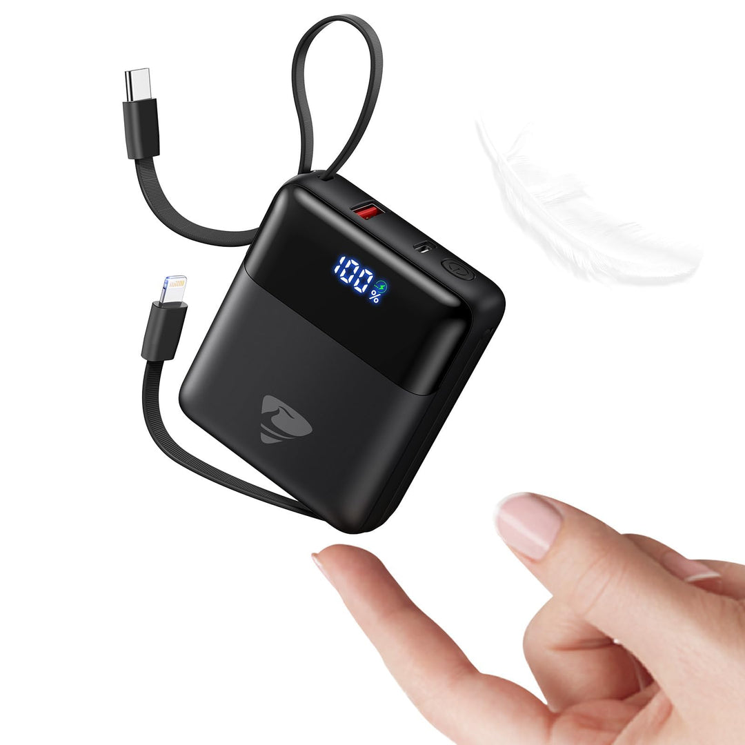 Aioneus Mini PowerBank, 10000mAh Power Bank mit Integriertem USB-C & Lightning Kabel, Minigrösse Ext