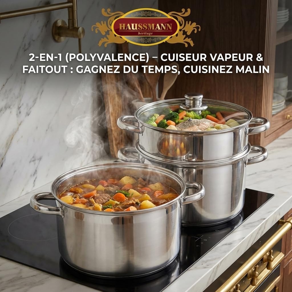 Haussmann Héritage Couscoussier/Dampfgarer/Kochtopf, 3-in-1, Edelstahl, für alle Herdarten geeignet,
