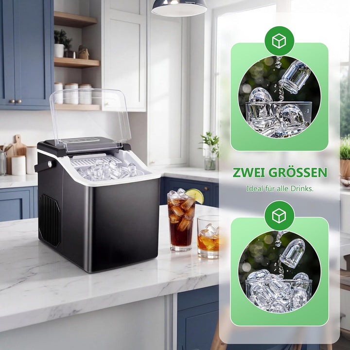 Eiswürfelmaschine Klein 15kg/24h mit Sichtfenster, Eiswürfel in 6-10 Minuten mit Griff, Eisschaufel