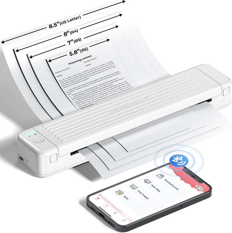 ASprink Mobiler Drucker A4 für Unterwegs, P831 Bluetooth Drucker Klein für US Letter/A4/B5/A5, Druck