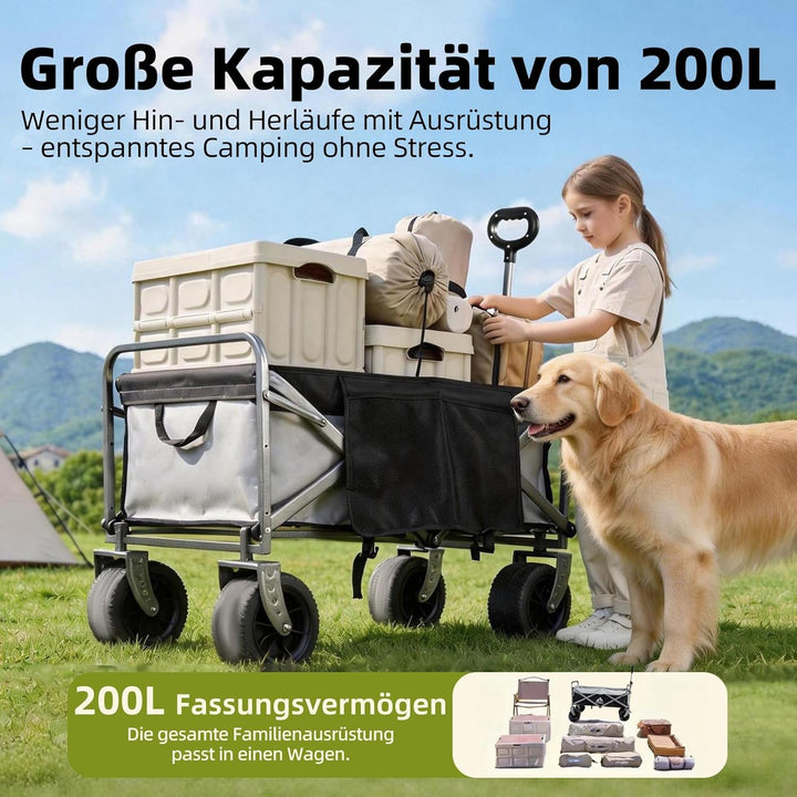 Bollerwagen Faltbar – Tragkraft 272 kg, mit Bremsen, Getränkehalter, Verstellbarem Griff, All Terrai