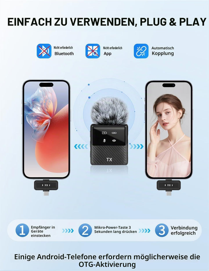 Mini kabelloses Ansteck mikrofon für iPhone, iPad, Android Handy –Geräuschunterdrückung, Plug &amp; Play