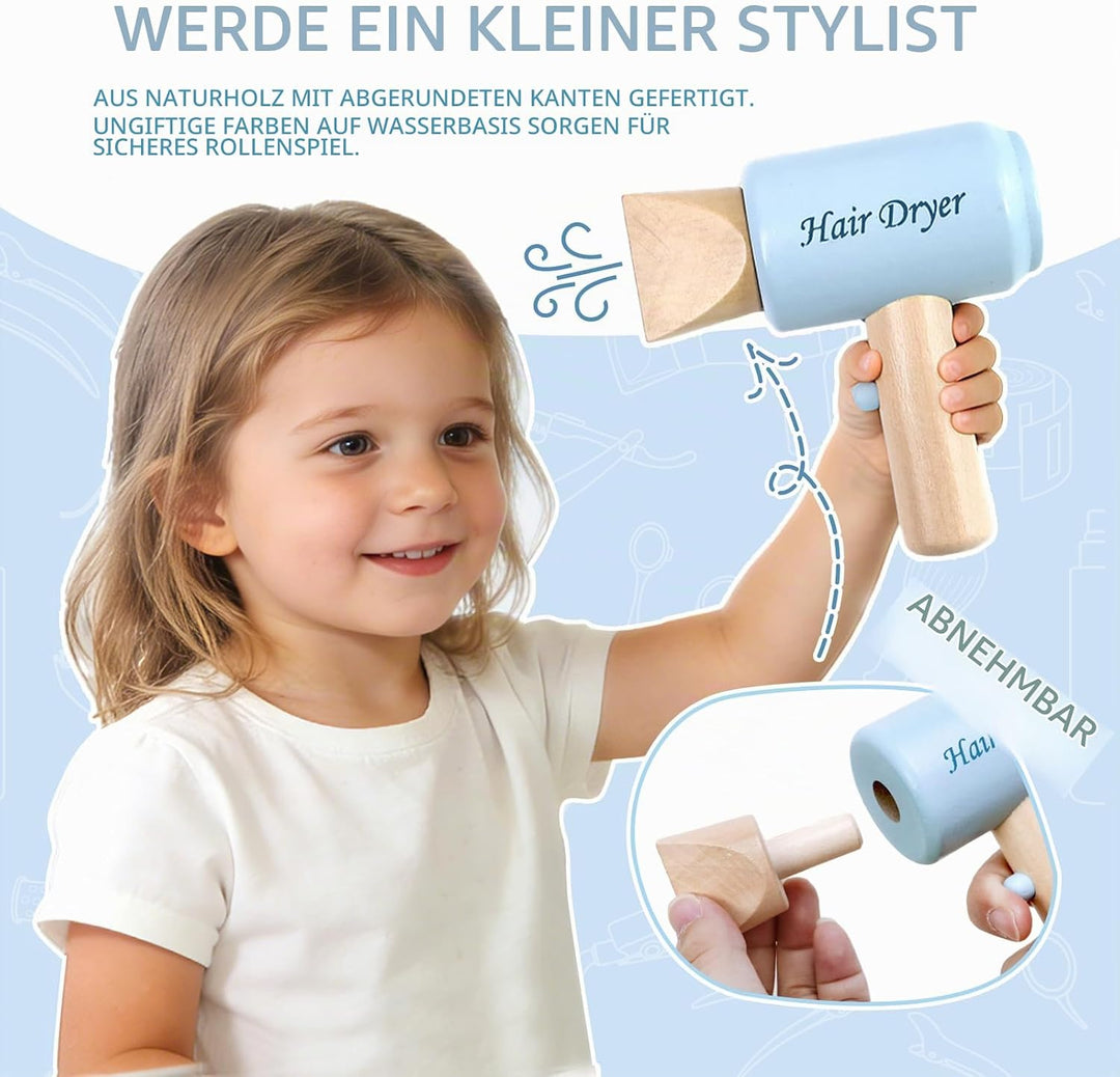 Holz Friseur Spielzeug für Kinder mit Haartrockner, Glätteisen, Kamm, Spiegel und Aufbewahrungstasch