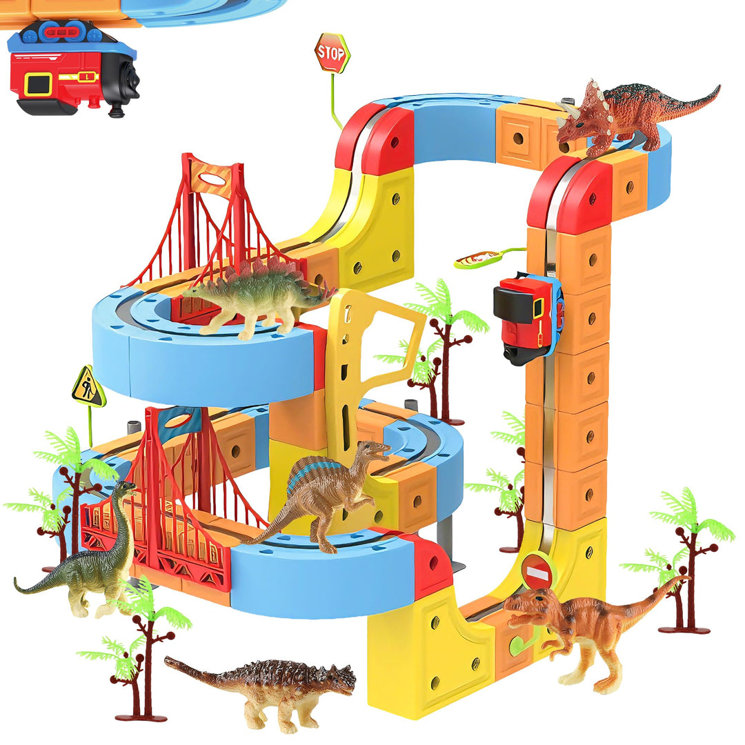Clickrail Electric Train Set Flexible Race Track, Block Zug mit Dinosaurierspielzeug/Kokospalme/Aufk