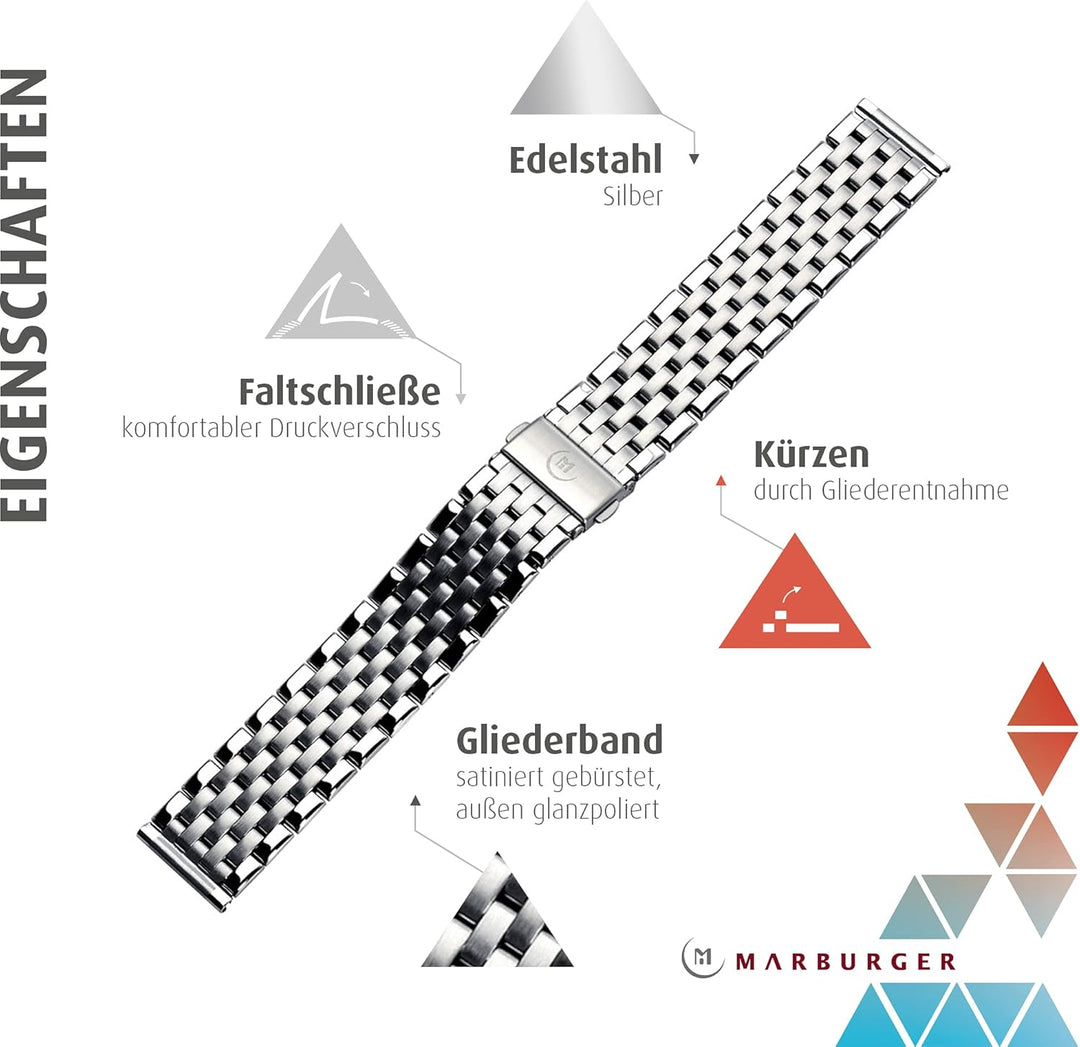 MARBURGER Uhrenarmband 20mm Edelstahl Silber - Werkzeug Montage Set 89508080020