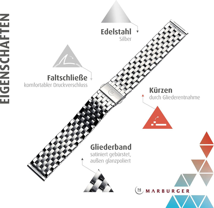 MARBURGER Uhrenarmband 20mm Edelstahl Silber - Werkzeug Montage Set 89508080020