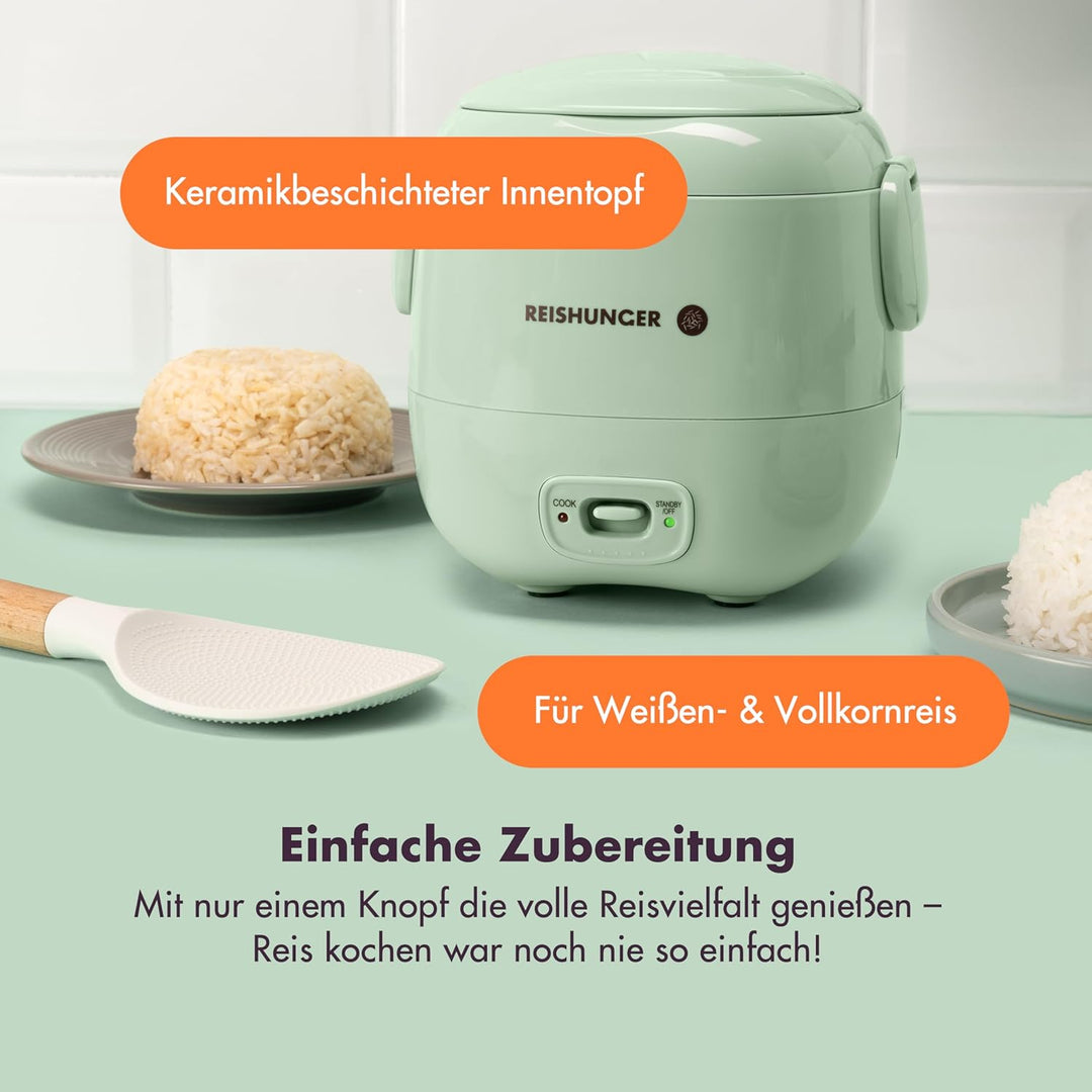 REISHUNGER Mini Reiskocher, salbeigrün | 0,3 L - 1-2 Portionen | hochwertige Keramikbeschichtung - P