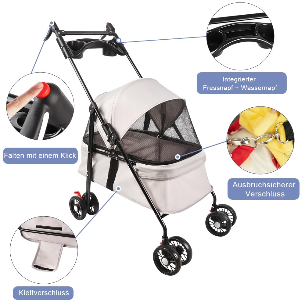 Homewell Klappbarer Haustierwagen mit Getränkehalter, Hundewagen & Katzenwagen, Leicht & Bequem mit