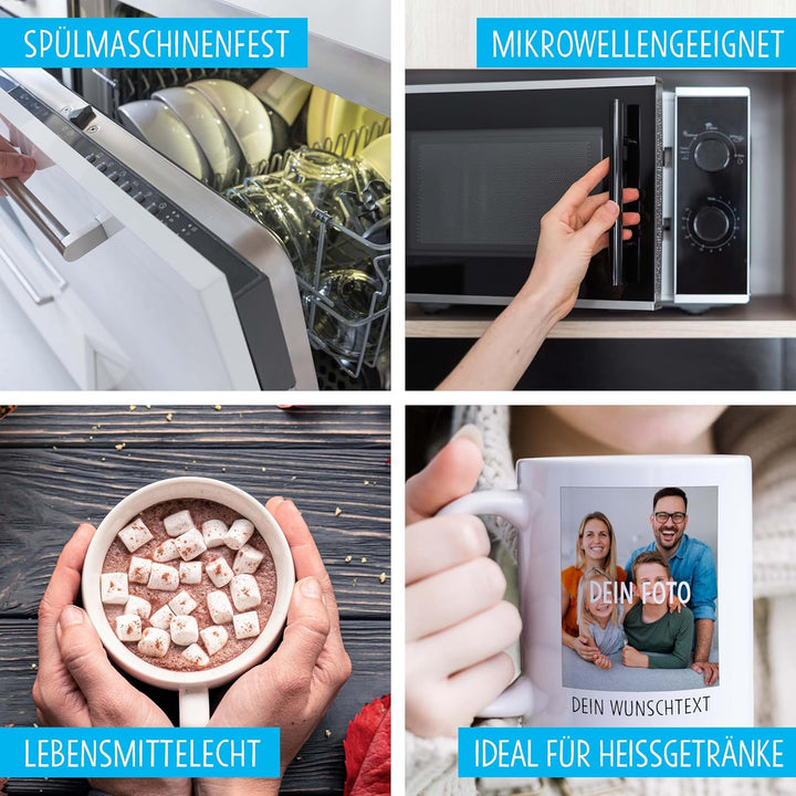 OWLBOOK® Personalisierte Tasse mit 2 Fotos & Spruch selbst gestalten | Fototasse mit eigenem Bild &