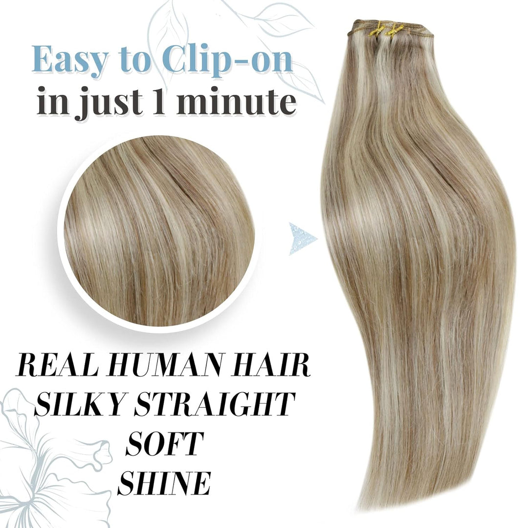 RUNATURE Clip in Echthaar Extensions Aschbraun mit Platinblond Extensions Clip in Glatt Harr Gerade