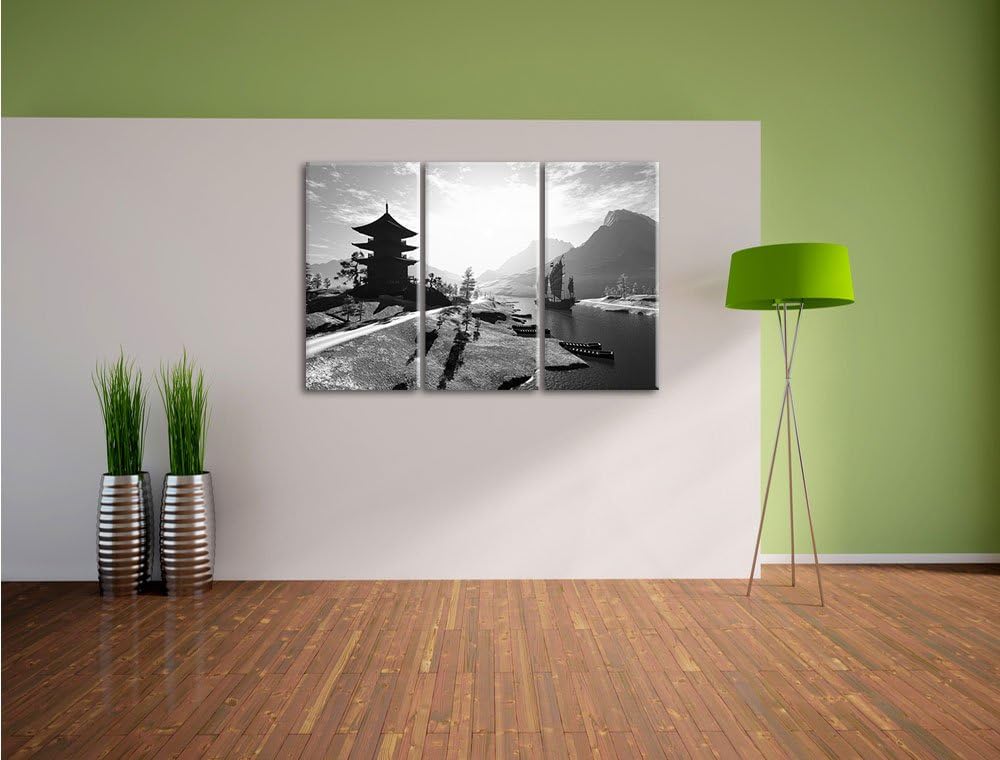 Pixxprint asiatischer Tempel an Fluss als Leinwandbild/Grösse: 3 Teilig (120x80) cm/Wandbild/Kunstdr