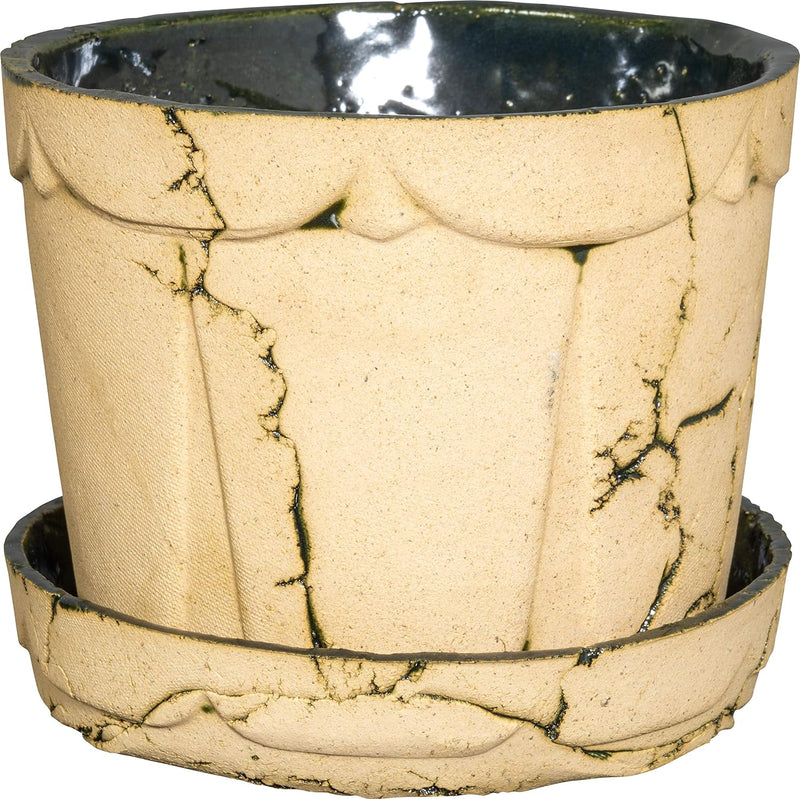 PLATINUX Steingut Blumentopf mit Untersetzer & Abflussloch 18,6x15,7cm Blumenkübel Steinoptik Grün G