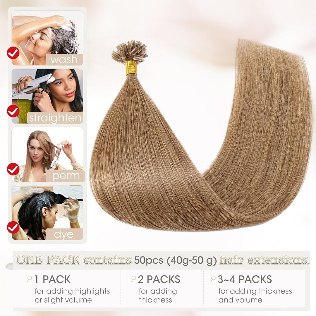 Elailite Echthaar Extensions Bondings 1g/s 40cm #12 Weissbraun, U Tip Hair Extensions Keratin 50 Str