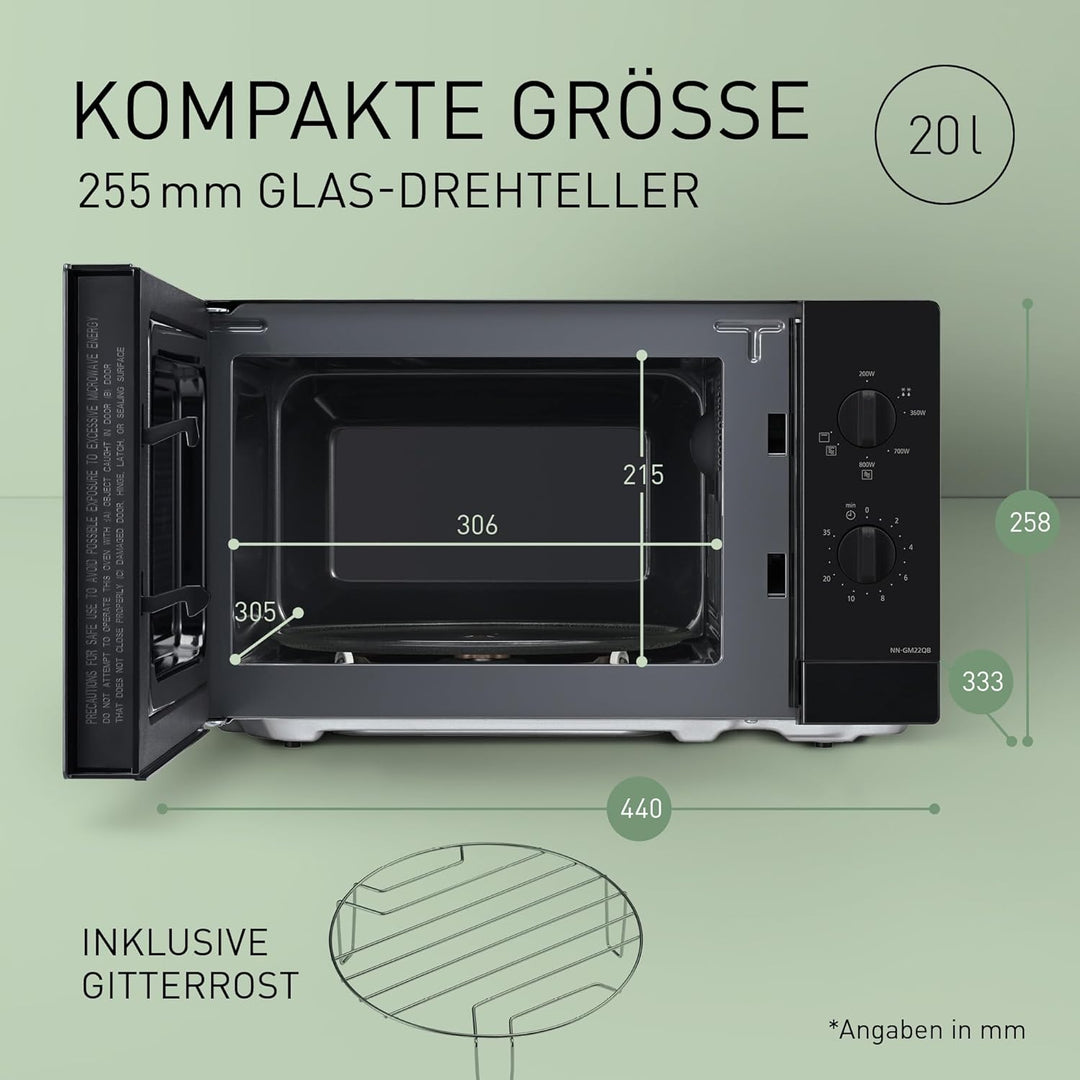 Panasonic NN-GM22QBEPG 20L Grill-Mikrowelle mit Glasplatte und Gitterrost, 800 W, 1000 W Grill, Auft