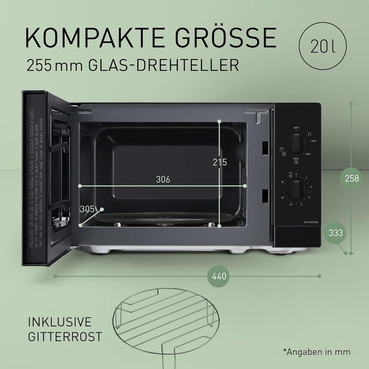 Panasonic NN-GM22QBEPG 20L Grill-Mikrowelle mit Glasplatte und Gitterrost, 800 W, 1000 W Grill, Auft