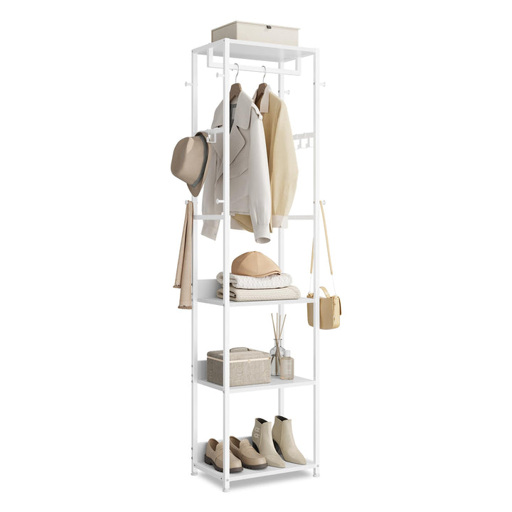 VASAGLE Kleiderständer, Garderobenständer mit Kleiderstange und Haken, Garderobe mit Ablagen, Stahlr