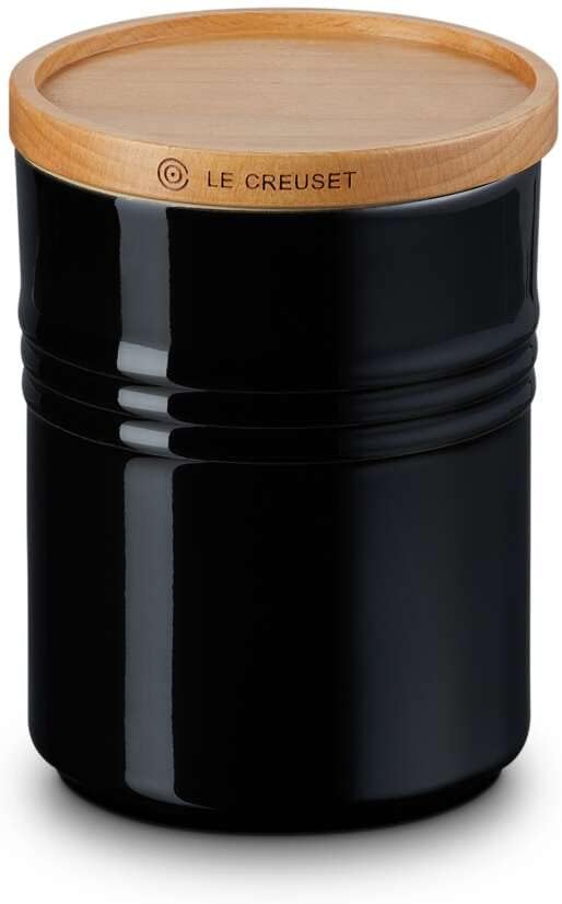 Le Creuset Steinzeug Mittelgrosse Vorratsdose mit Holz-Deckel, Steinzeug, 540 ml, 10 cm, Schwarz glä