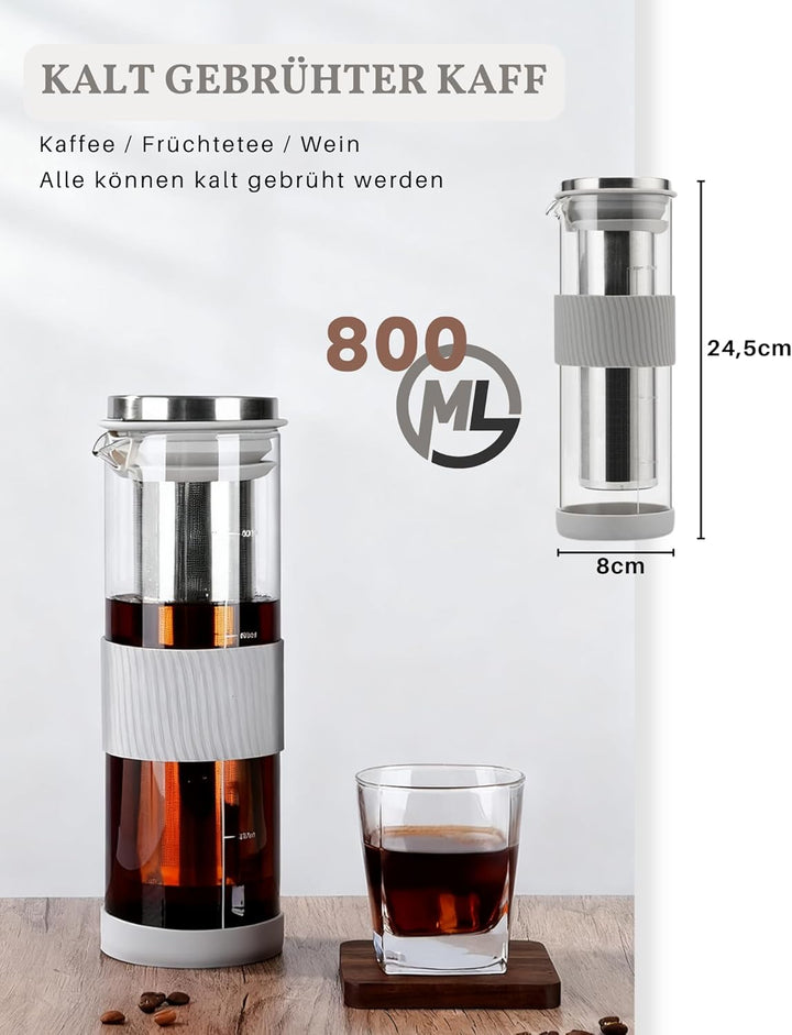 JanYoo Cold Brew Kaffeebereiter 800ml, Cold Brew Coffee Maker mit 304 Edelstahlfilter, Brühglas Kara
