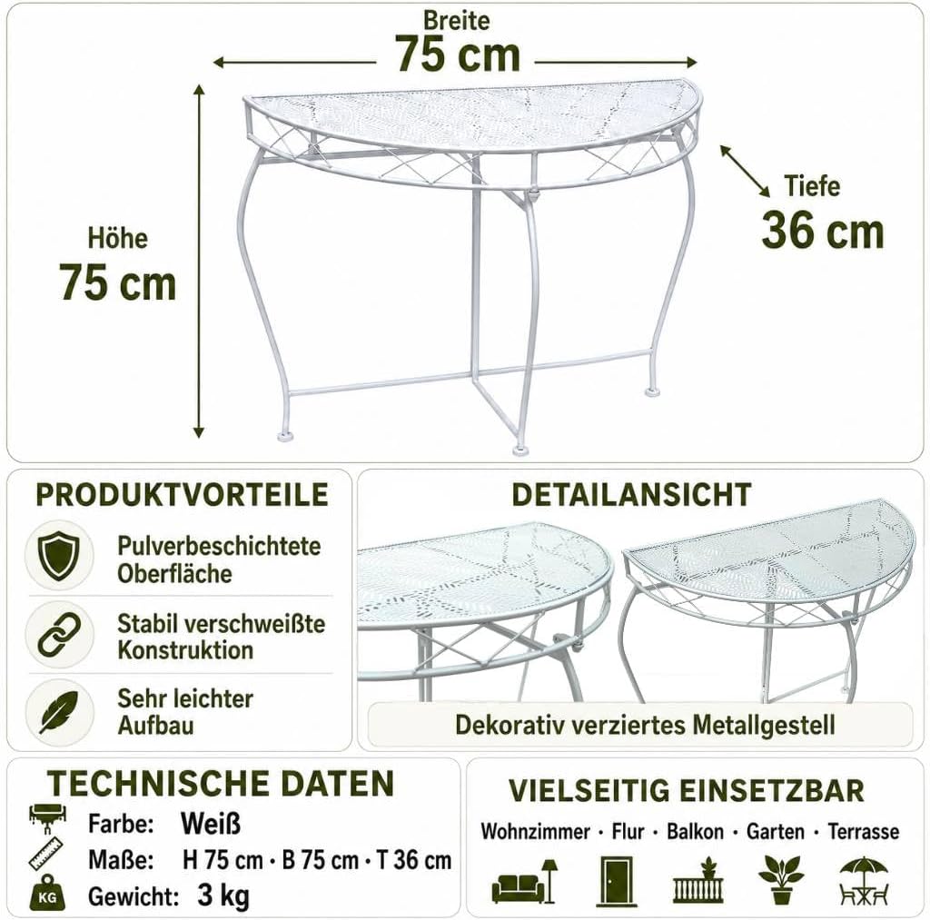 DanDiBo Konsolentisch Wandtisch Weiss 96313 Beistelltisch Metall 75 cm Gartentisch Halbtisch Tisch H
