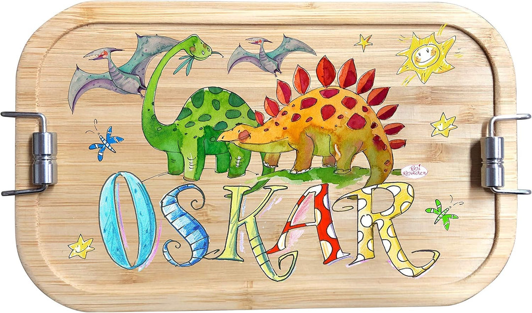 Edelstahl Bambus Brotdose Dino1, Bambusdeckel, mit