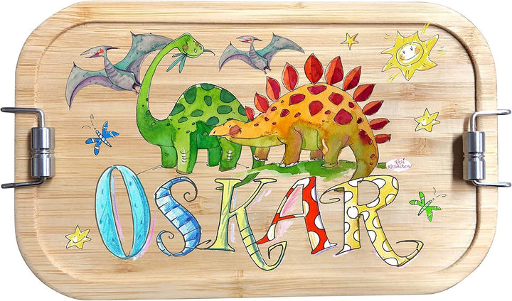 Edelstahl Bambus Brotdose Dino1, Bambusdeckel, mit