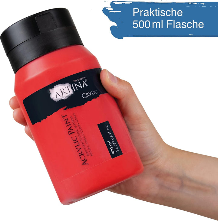 Artina 6er Acrylfarben Set 500ml – Deckende Malfarbe Schnelltrocknende Farbe zum Malen 6x500ml Profi