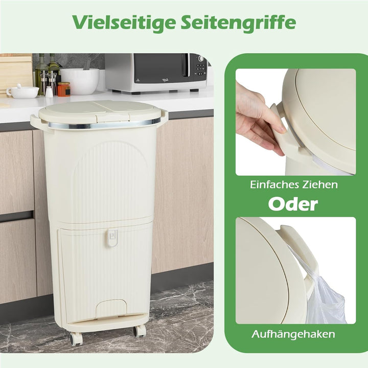 COSTWAY Mülleimer Küche, Mülltrennsystem 3 Fächer, 2 x 12L Inneneimer & 14L Treteimer, Abfalleimer m