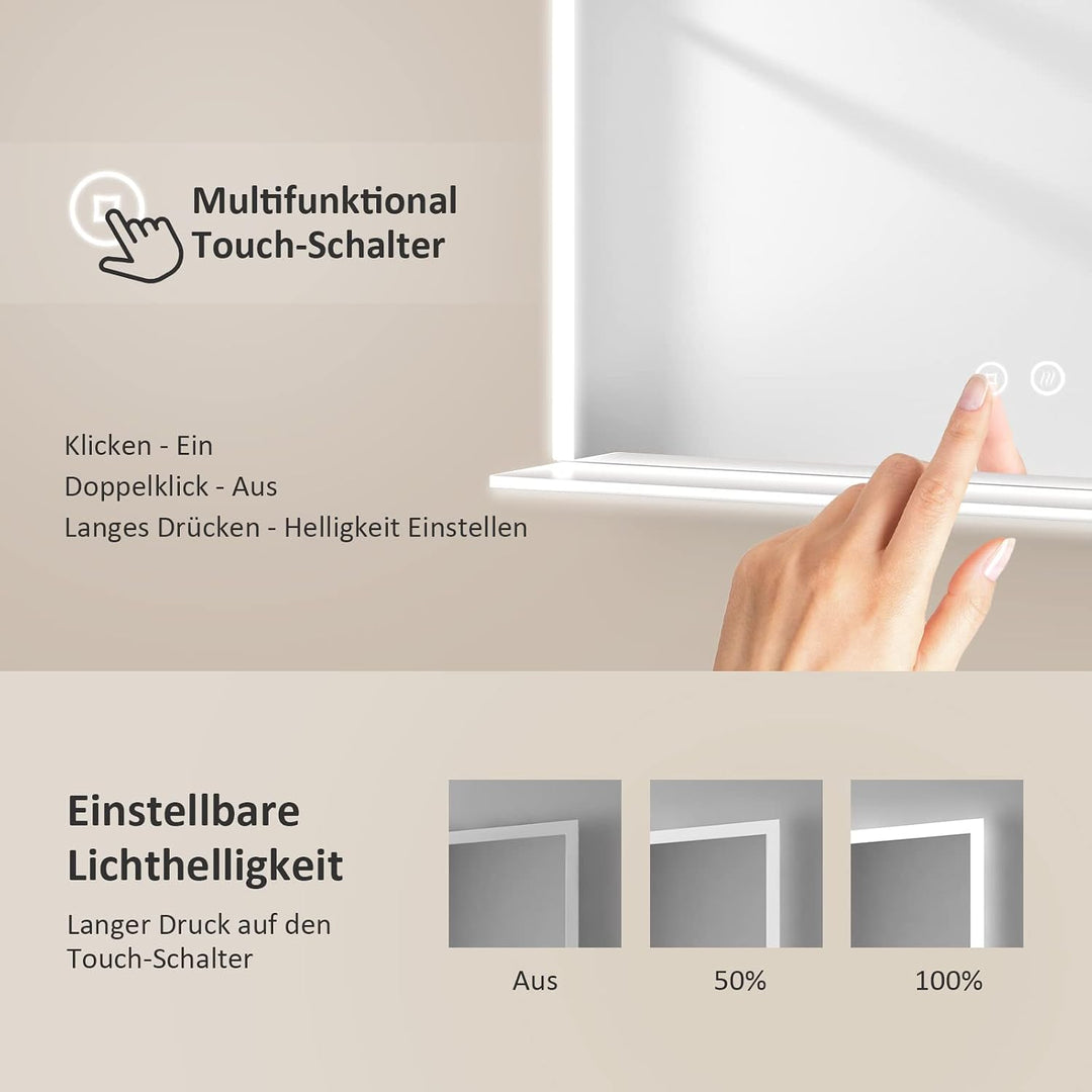 EMKE Badspiegel mit Beleuchtung 80x60cm, Badezimmerspiegel mit Ablage, Antibeschlag, Kaltweiss Licht