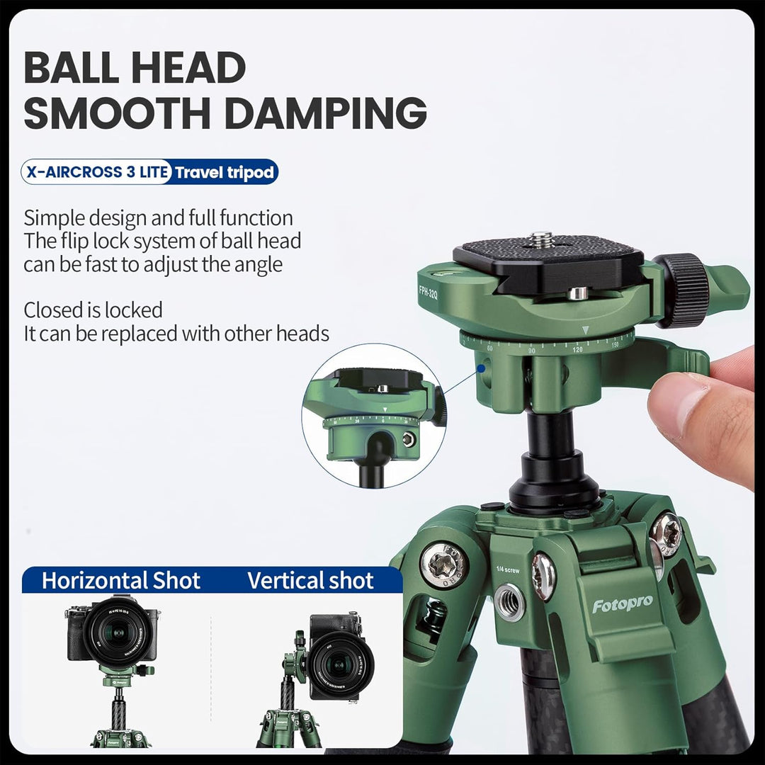 Fotopro Kohlefaser-Stativ 130 cm 360 Grad Kugelkopf, Schnellwechselplatte, leichtes Kamerastativ für