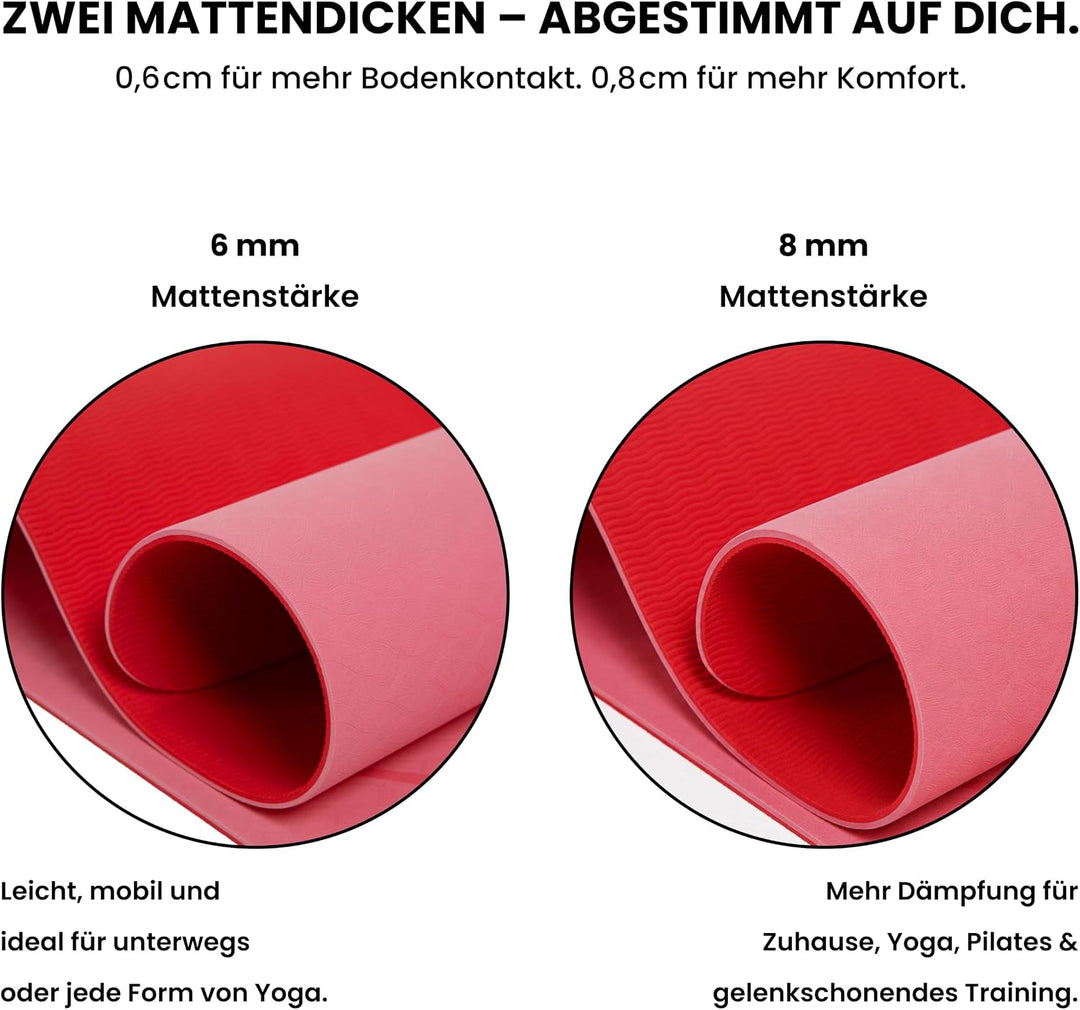 Yoga Matte – Rutschfeste Sportmatte in Deutschland entwickelt – 2 Komfort-Dicken – Formstabile Yogam