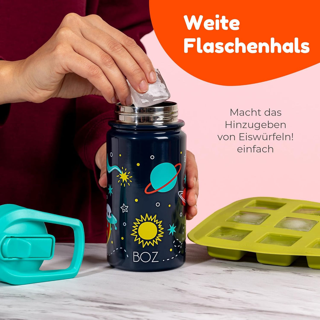 BOZ Isolierte Kinder-Trinkflasche, 414 ml (Autos) | BPA-Frei, Kratzfest mit Tragegriff, Spülmaschine