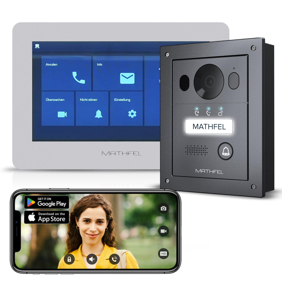 Mathfel 2 Draht Bus Video Türsprechanlage für 1 Teilnehmer, 7 Zoll WLAN Monitor, Anthrazit Kamera, U