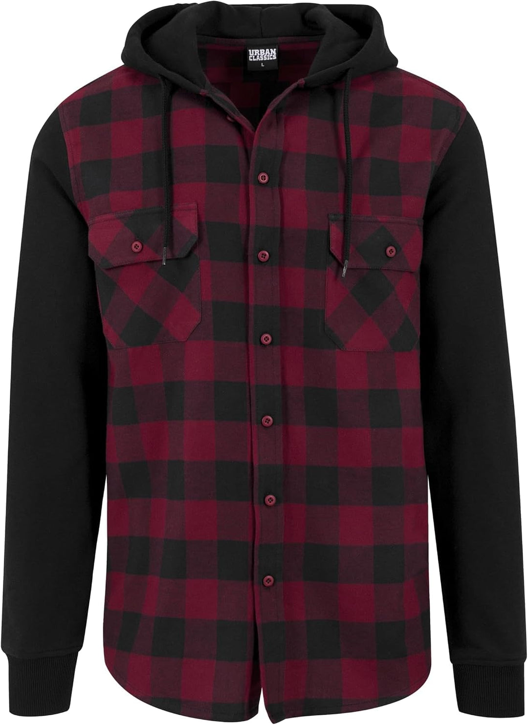 Urban Classics Herren Hooded Checked Flanell Sweat Sleeve Shirt M Blk/Burgundy/Blk, M Blk/Burgundy/B