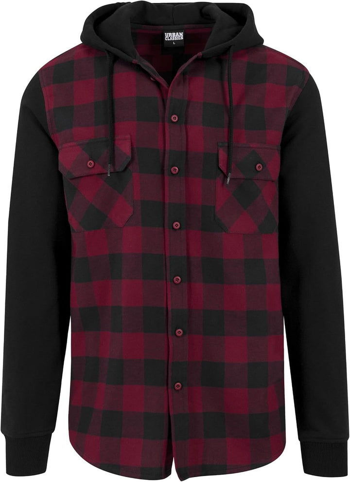 Urban Classics Herren Hooded Checked Flanell Sweat Sleeve Shirt M Blk/Burgundy/Blk, M Blk/Burgundy/B