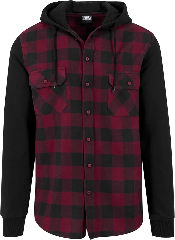 Urban Classics Herren Hooded Checked Flanell Sweat Sleeve Shirt Freizeithemd S Mehrfarbig (Blk/Burgu